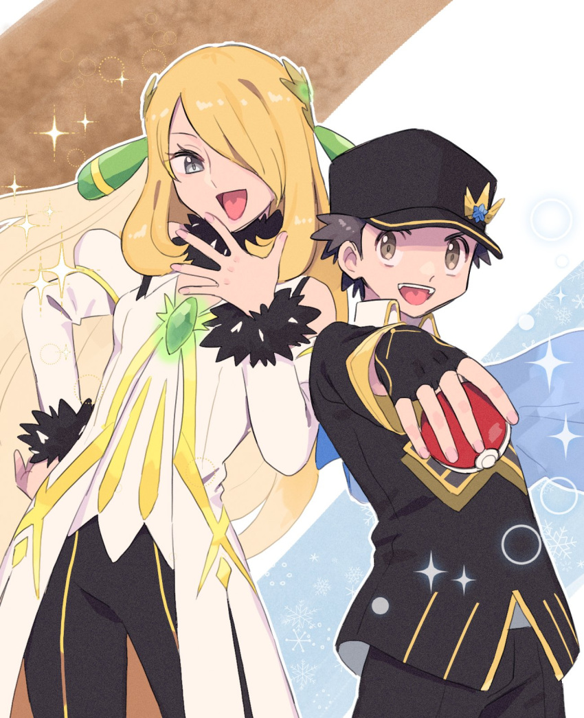 1boy, 1girl, bare_shoulders, black_gloves, black_pants, blonde_hair, brown_eyes, brown_hair