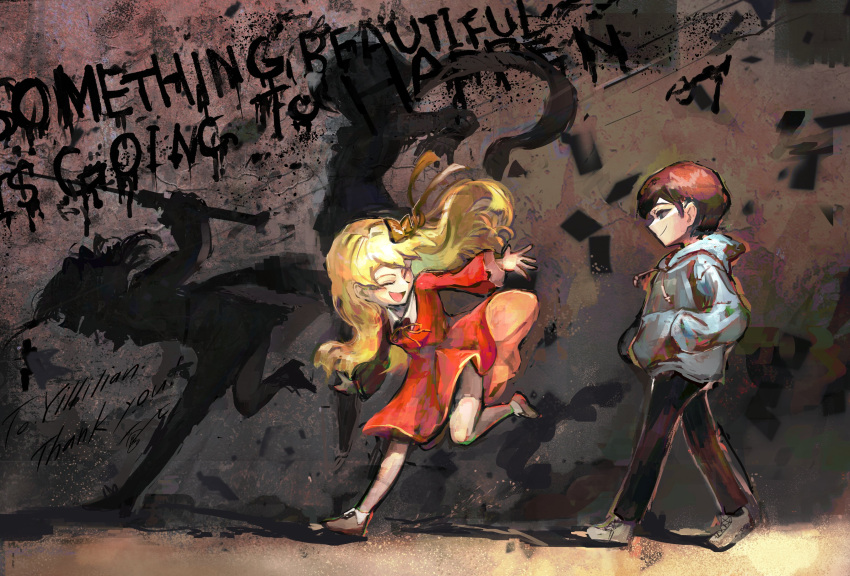 1boy, 1girl, absurdres, aoruuto, black_hair, blonde_hair, commission, demian_(project_moon)