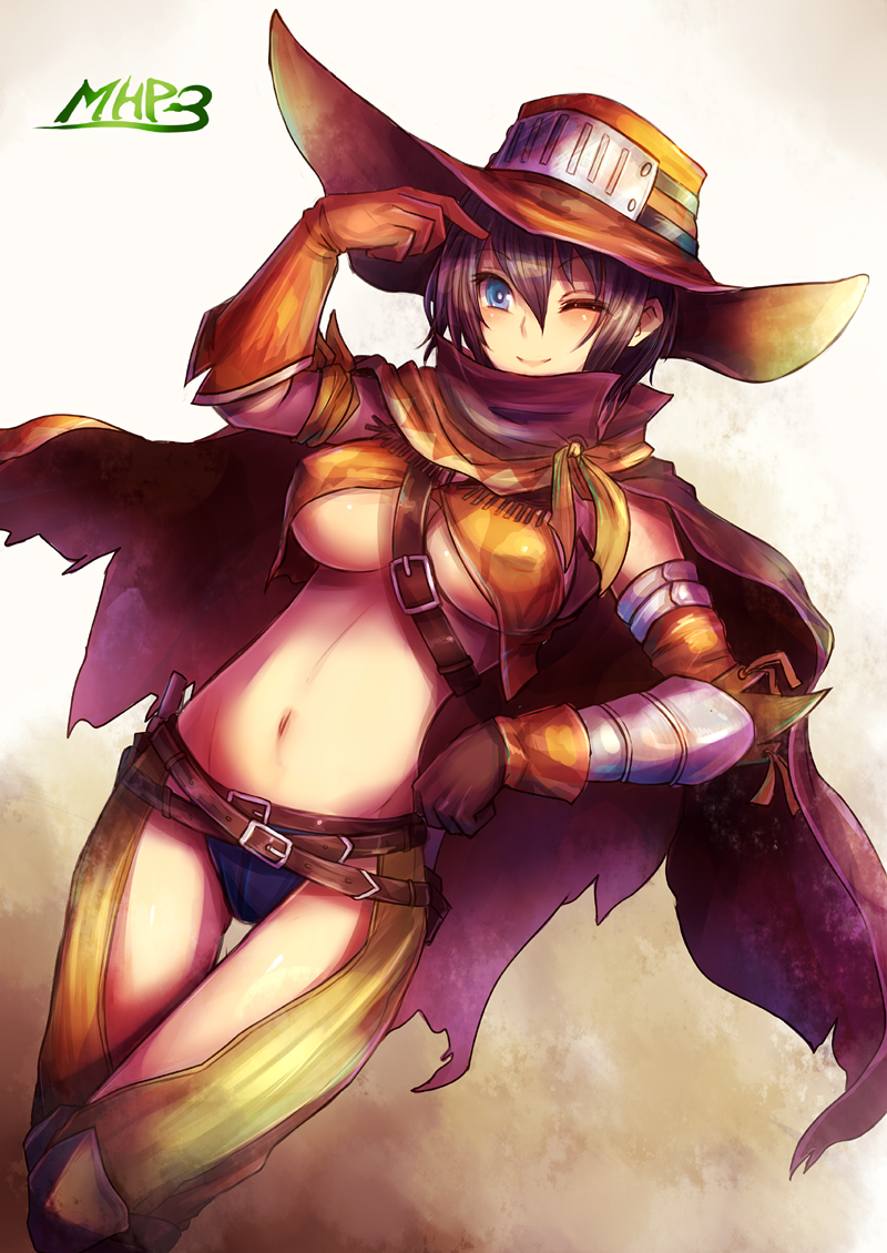 beltskirt, black_hair, blue_eyes, breasts, brown_hair, cape, chaps, color_(artist)