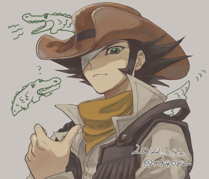 1boy, bandage_over_one_eye, bandana, black_vest, brown_hat, closed_mouth, cowboy_hat, crocodile