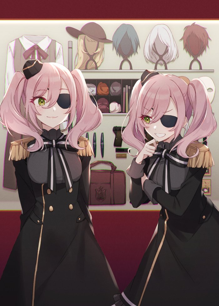 2girls, :d, annette_(spy_kyoushitsu), bag, black_dress, buttons, clone, closed_mouth