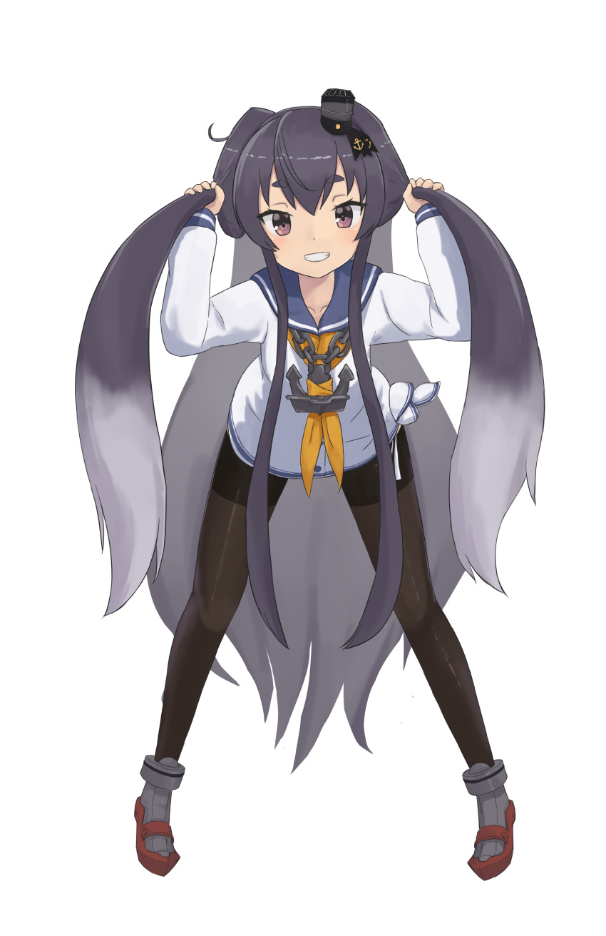 1girl, absurdres, alternate_hair_length, alternate_hairstyle, black_hair, blue_sailor_collar, blush, brown_eyes, dress, full_body, gradient_hair, grey_hair, hairband, hat, highres, kantai_collection, long_hair, long_shirt, long_sleeves, mini_hat, multicolored_hair, neckerchief, pantyhose, rudder_footwear, sailor_collar, sailor_dress, seamed_legwear, shirt, side-seamed_legwear, smile, smokestack_hair_ornament, solo, tied_dress, tied_shirt, tokitsukaze_(kancolle), white_background, yellow_neckerchief, yuki_4040