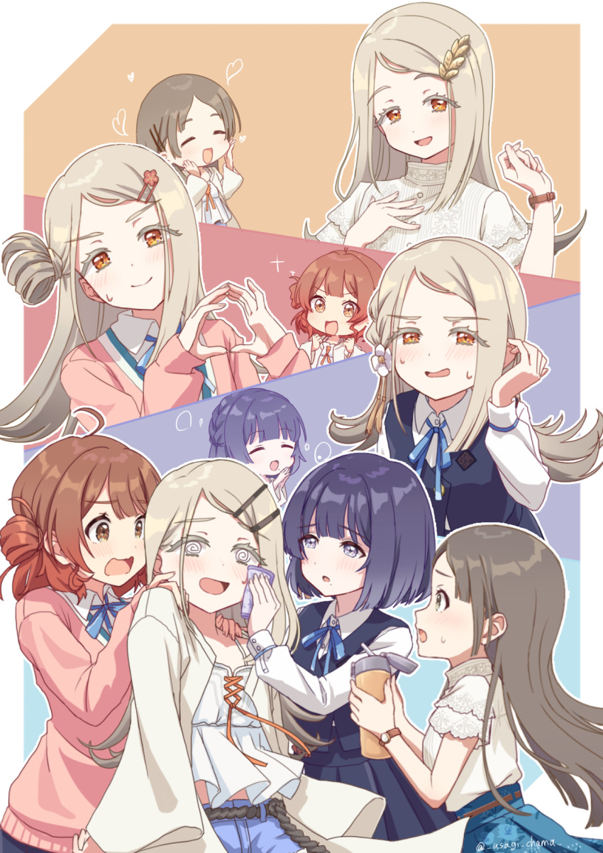 4girls, :d, @_@, ahoge, blonde_hair, blue_background, blue_ribbon, blue_shorts, blue_skirt, bottle, brown_eyes, brown_hair, camisole, cardigan, closed_eyes, coat, collared_shirt, commentary_request, cosplay, costume_switch, fingernails, flower, gakuen_idolmaster, hair_bun, hair_flower, hair_ornament, hairclip, hanami_ume, hanami_ume_(cosplay), hand_on_own_chest, hataya_misuzu, hataya_misuzu_(cosplay), hatsuboshi_gakuen_school_uniform, heart, highres, holding, holding_bottle, idolmaster, kuramoto_china, kuramoto_china_(cosplay), long_hair, looking_at_another, looking_at_viewer, mole, mole_under_mouth, multicolored_background, multiple_girls, neck_ribbon, open_mouth, orange_eyes, parted_bangs, pink_cardigan, pleated_skirt, purple_background, purple_hair, ribbon, rope_belt, school_uniform, shinosawa_hiro, shinosawa_hiro_(cosplay), shirt, short_hair, shorts, single_side_bun, skirt, sleeves_past_fingers, sleeves_past_wrists, smile, sweatdrop, twitter_username, usagichama, violet_eyes, watch, watch, water_bottle, white_camisole, white_flower, white_shirt, wiping_sweat