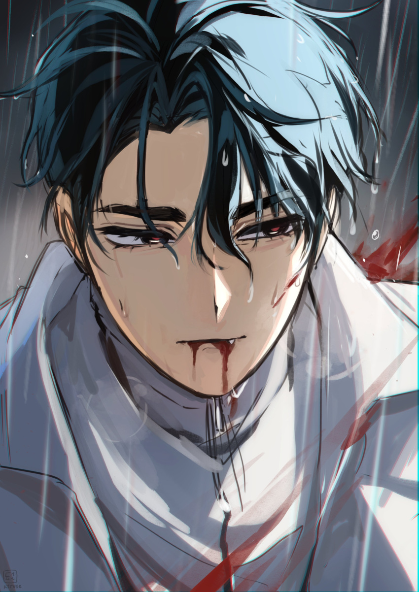 1boy, absurdres, alien_stage, artist_logo, black_eyes, black_hair, blood, blood_from_mouth