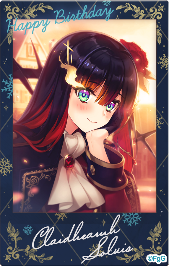 1girl, ascot, black_gloves, black_hair, blurry, blurry_background, blush, character_name