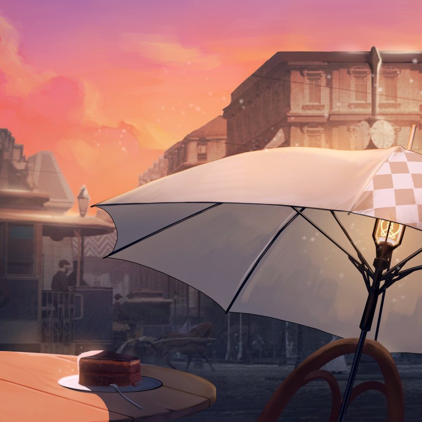 absurdres, building, cake, cake_slice, carriage, chair, changi_16, equilibrium_umbrella