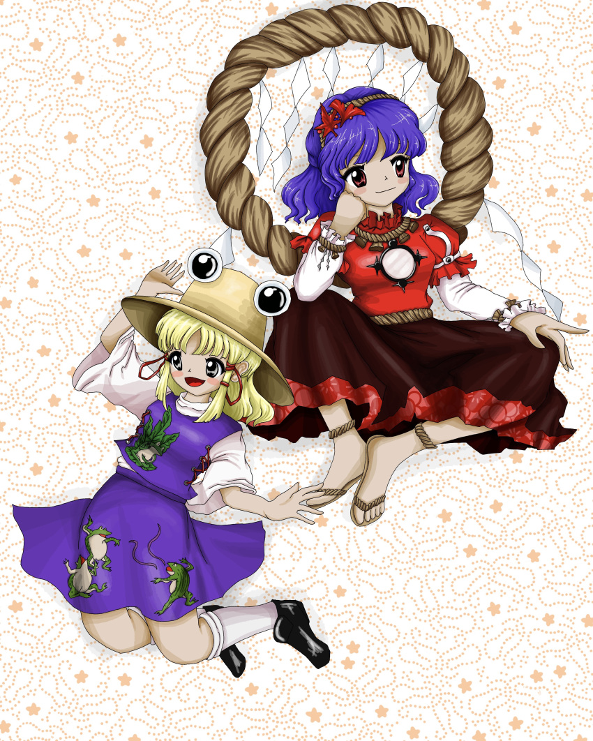 2girls, absurdres, animal_print, black_footwear, black_skirt, blonde_hair, brown_hat, closed_mouth