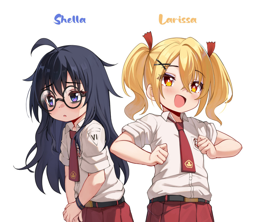 2girls, absurdres, ahoge, bags_under_eyes, belt, black_hair, blonde_hair, blue_eyes