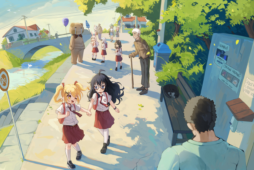 4boys, 6+girls, absurdres, ahoge, animal_costume, balloon, bench, black_hair