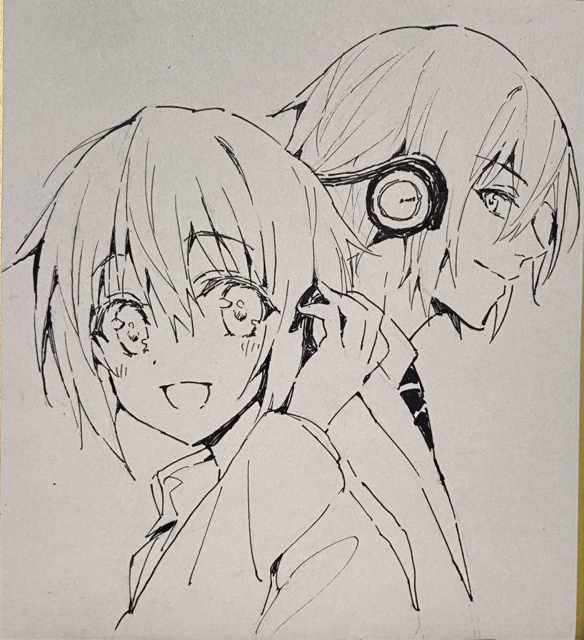 2boys, closed_mouth, coat, collared_shirt, dot_nose, hair_between_eyes, headphones, highres