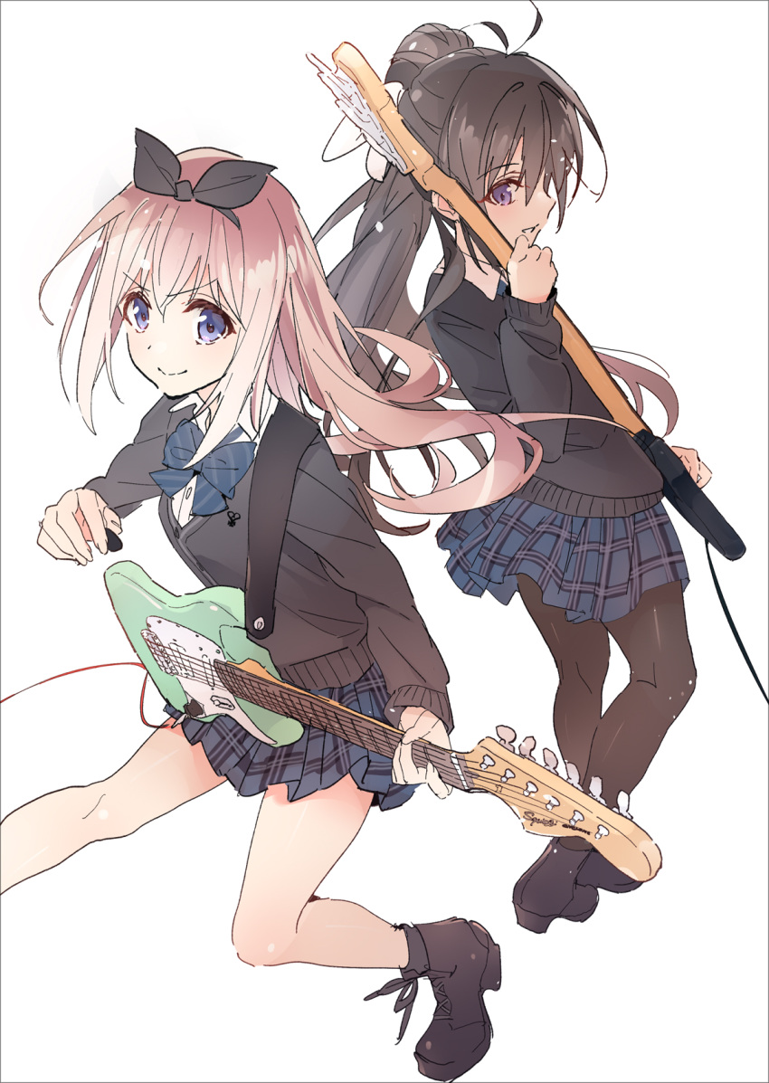 2girls, antenna_hair, black_cardigan, black_footwear, black_hairband, black_pantyhose, blue_bow, blue_bowtie