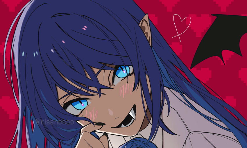 1girl, ado_(utaite), black_nails, blue_eyes, blue_flower, blue_hair, blue_rose, blush