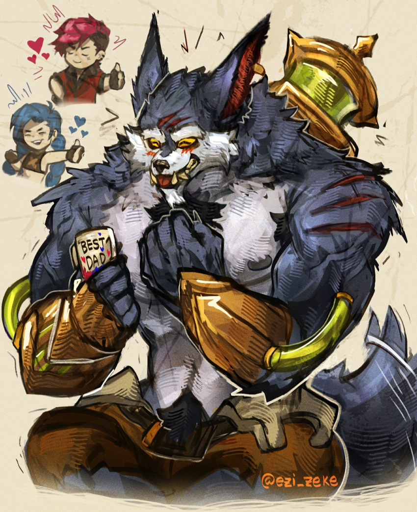 1boy, 2girls, ^_^, animal_ears, arcane:_league_of_legends, arcane_jinx, arcane_vi, artist_name, blue_fur, brown_pants, chest_fur, chibi, closed_eyes, colored_sclera, cup, english_commentary, english_text, ezizekekiel, fangs, furry, furry_male, gauntlets, heart, highres, holding, holding_cup, jinx_(league_of_legends), league_of_legends, multiple_girls, muscular, muscular_male, nipples, pants, scar, scar_on_head, scar_on_shoulder, sitting, smile, tail, tail_wagging, thumbs_up, tongue, tongue_out, topless_male, tube, twitter_username, vi_(league_of_legends), warwick, werewolf, wolf_boy, wolf_ears, wolf_tail, yellow_sclera