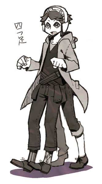 1boy, coat, commentary_request, extra_legs, full_body, greyscale, headphones, honnomusi323