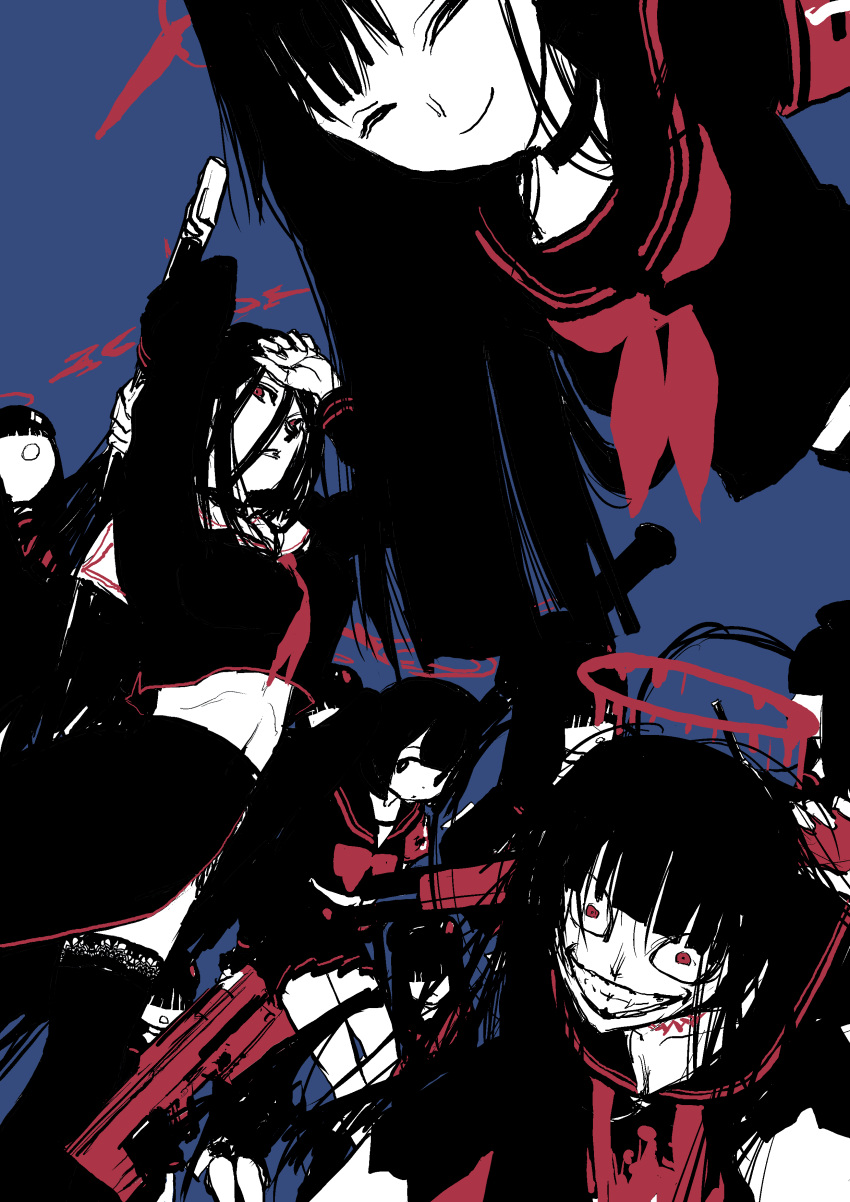 6+girls, absurdres, anti-materiel_rifle, anzio_ironworks_20mm_rifle, arms_up, black_hair, black_serafuku, black_shirt
