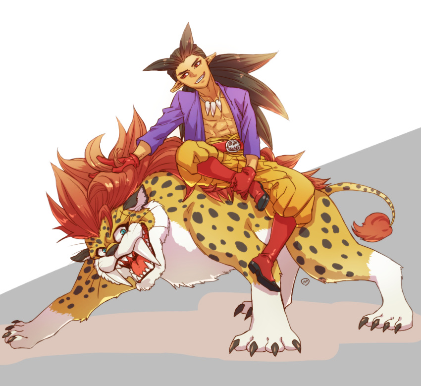 1boy, 1other, abs, aqua_eyes, belt, boots, brown_hair, commentary_request