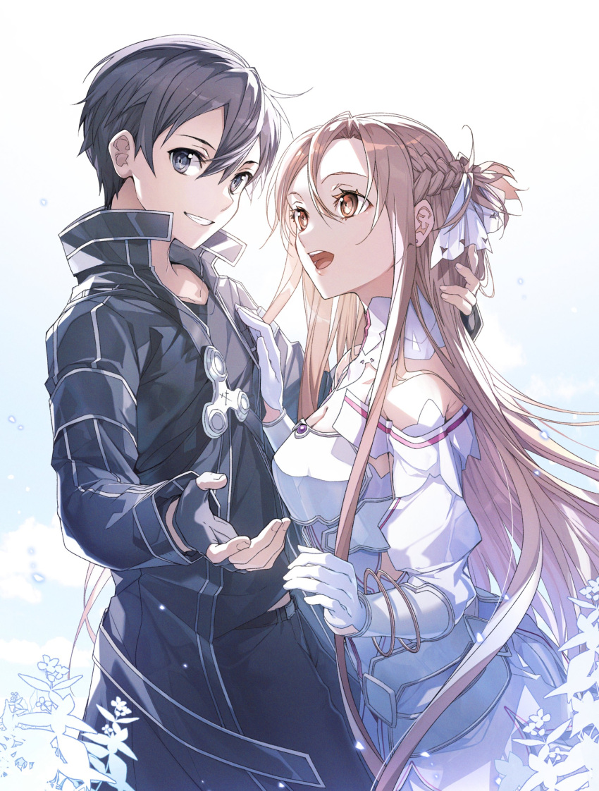 1boy, 1girl, absurdres, armor, asuna_(sao), asuna_(stacia)_(sao), black_eyes, black_gloves, black_hair, breastplate, brown_eyes, brown_hair, detached_sleeves, fingerless_gloves, gloves, hair_between_eyes, hair_ribbon, half_up_half_down_braid, highres, kirito, long_hair, outstretched_hand, ribbon, short_hair, simple_background, smile, sword_art_online, sword_art_online:_alicization, very_long_hair, white_armor, white_background, white_gloves, white_ribbon, yoru_kiri