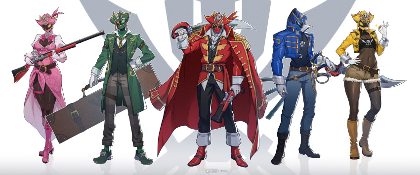 2girls, 3boys, absurdres, animification, belt, blue_helmet, bodysuit, boots