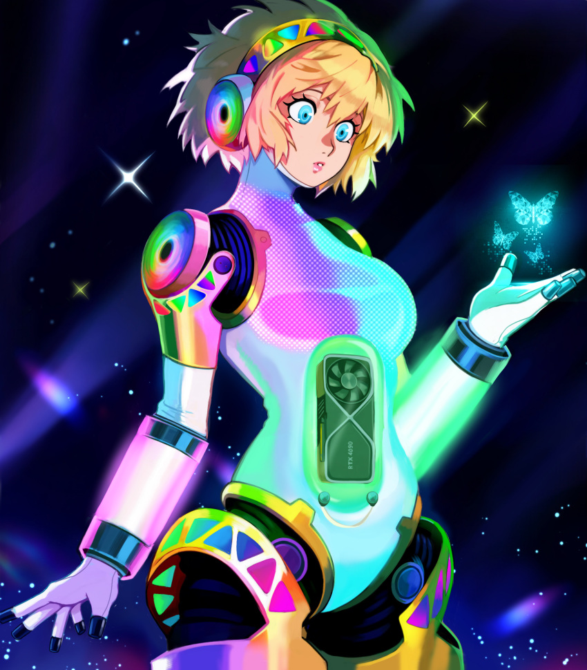 1girl, absurdres, aegis_(persona), android, blonde_hair, blue_eyes, bug, butterfly