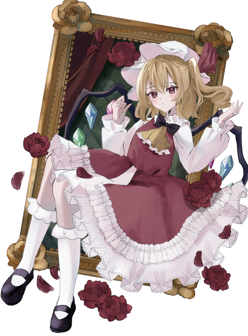 1girl, absurdres, adapted_costume, ascot, black_bow, black_bowtie, black_footwear, blonde_hair
