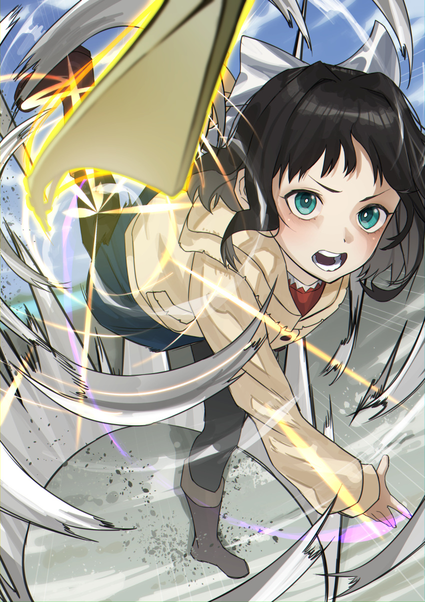 1girl, black_hair, boots, bow, brown_footwear, green_eyes, haishima_xv, highres