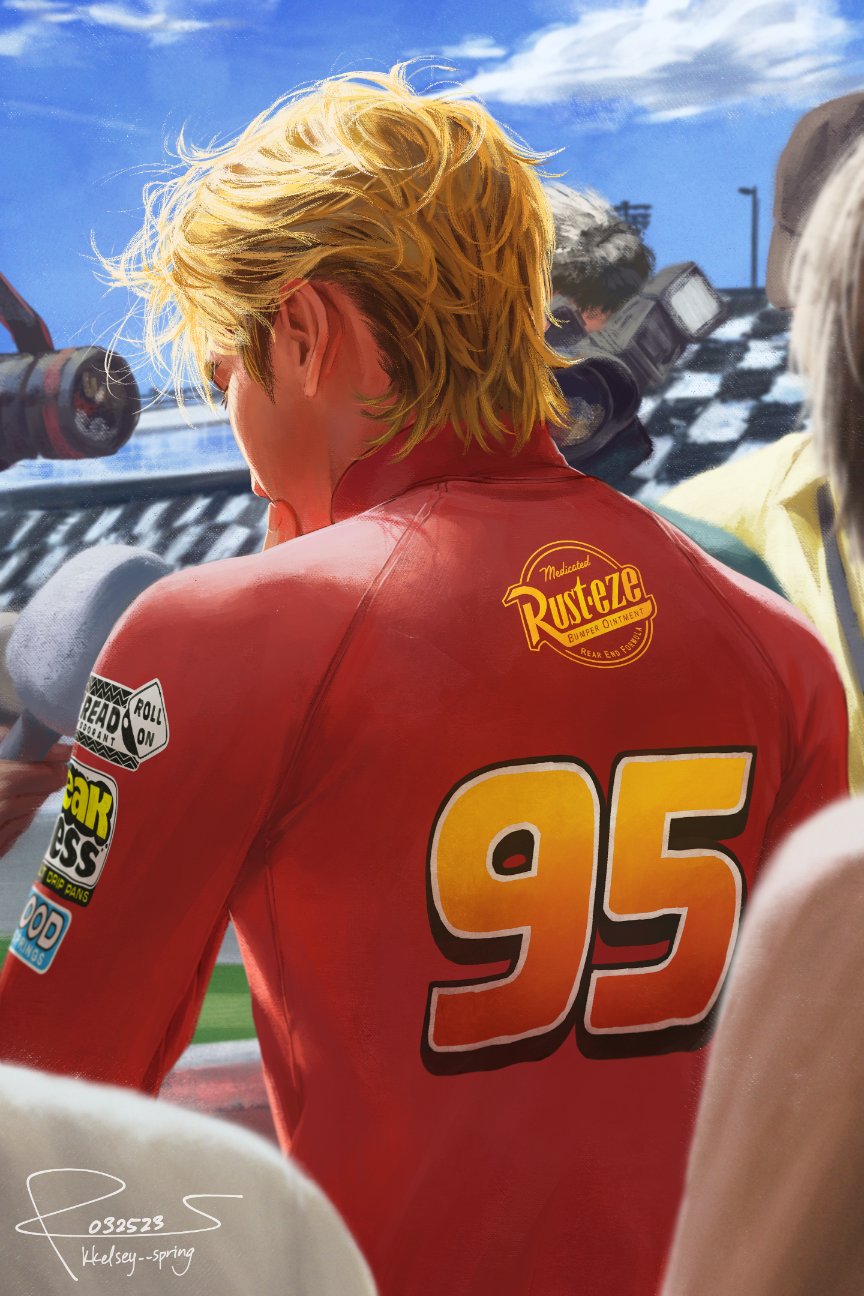 1boy, artist_name, blonde_hair, camera, cars_(movie), clouds, dated, from_behind