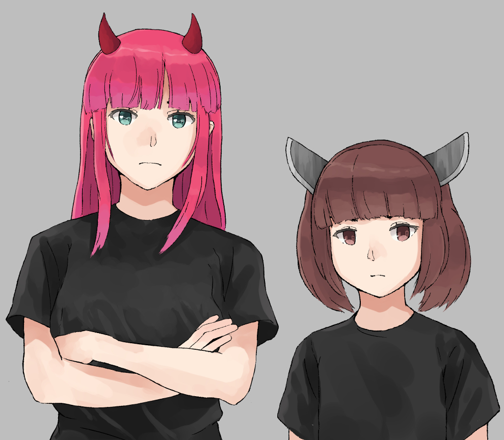 2girls, black_shirt, blue_eyes, blunt_bangs, breasts, brown_eyes, brown_hair, closed_mouth