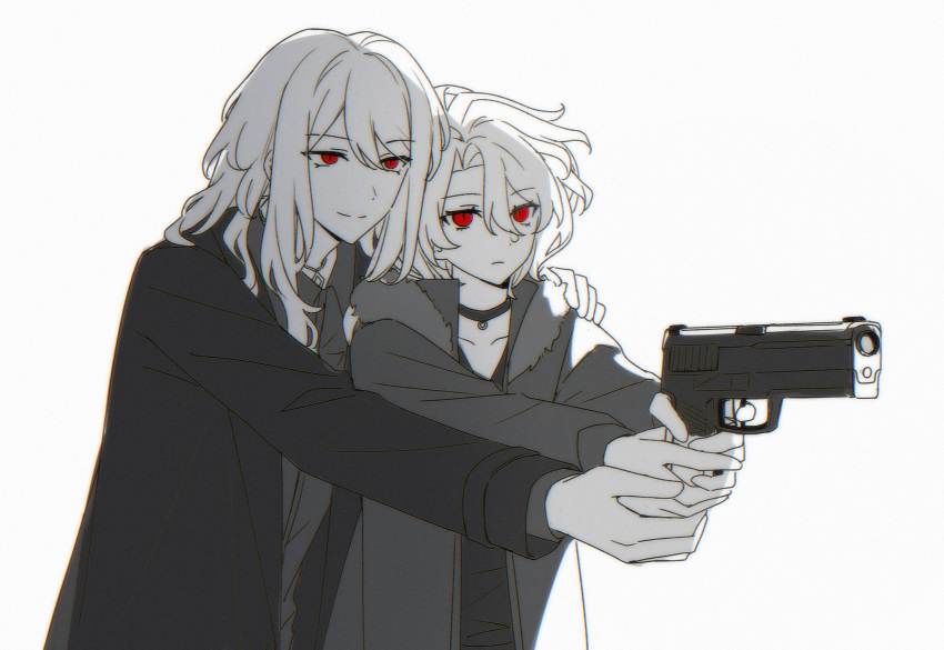 1boy, 1girl, choker, closed_mouth, coat, collared_shirt, don_quixote_(project_moon), greyscale