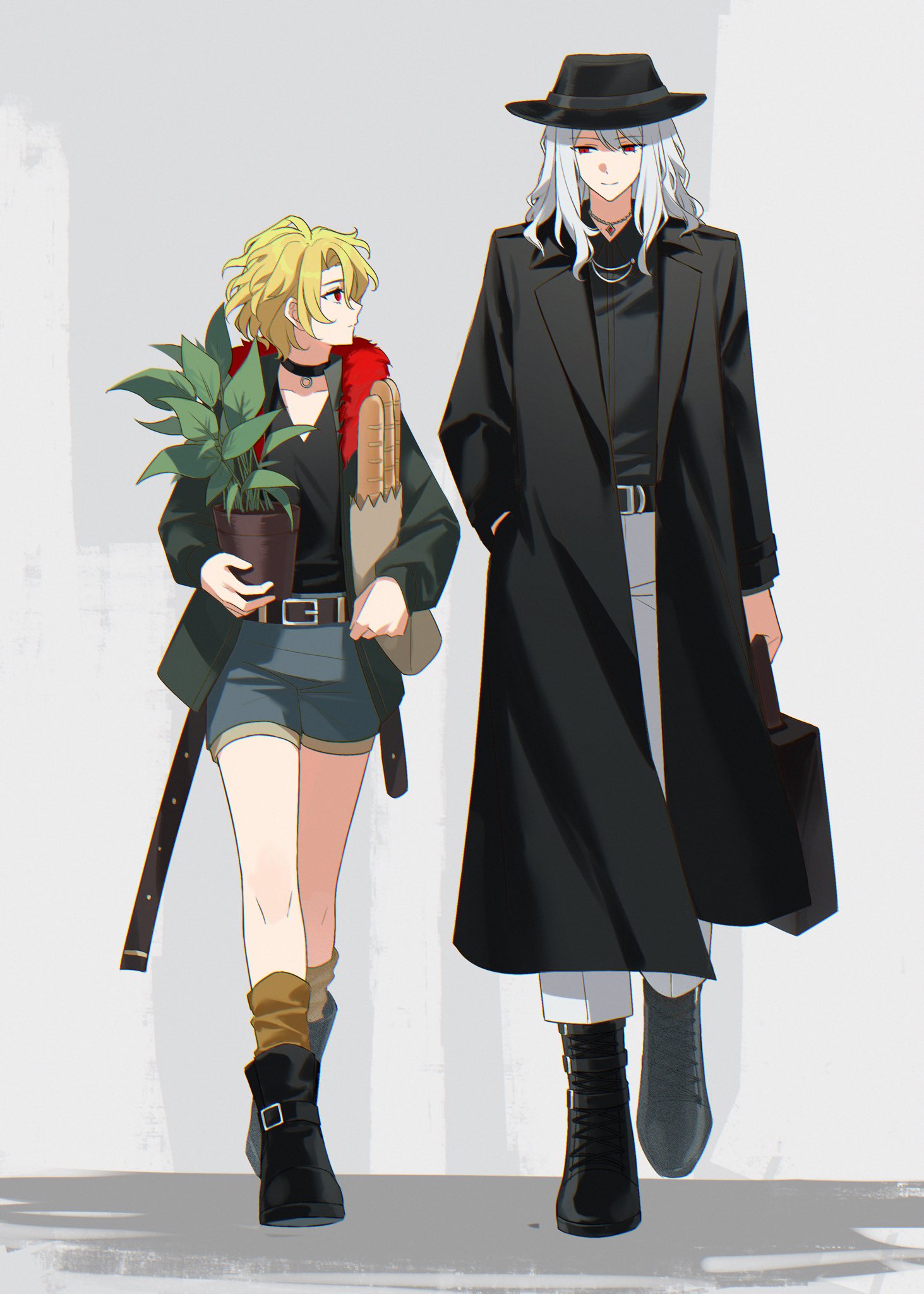 1boy, 1girl, bag, black_coat, black_footwear, black_shirt, blonde_hair, blue_shorts