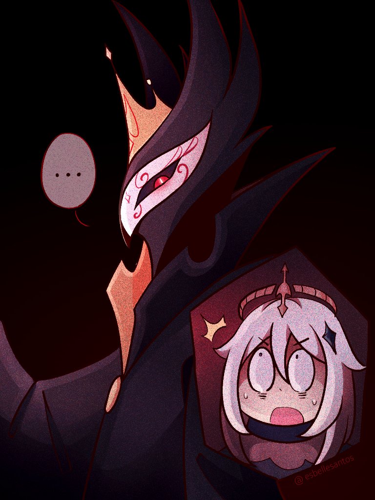 1boy, 1girl, bird_boy, crossover, crown, esbellesantos, from_side, genshin_impact, gold_crown, helluva_boss, looking_at_another, medium_hair, owl_boy, paimon_(genshin_impact), paimon_(helluva_boss), red_eyes, scared, slit_pupils, sweatdrop, white_hair