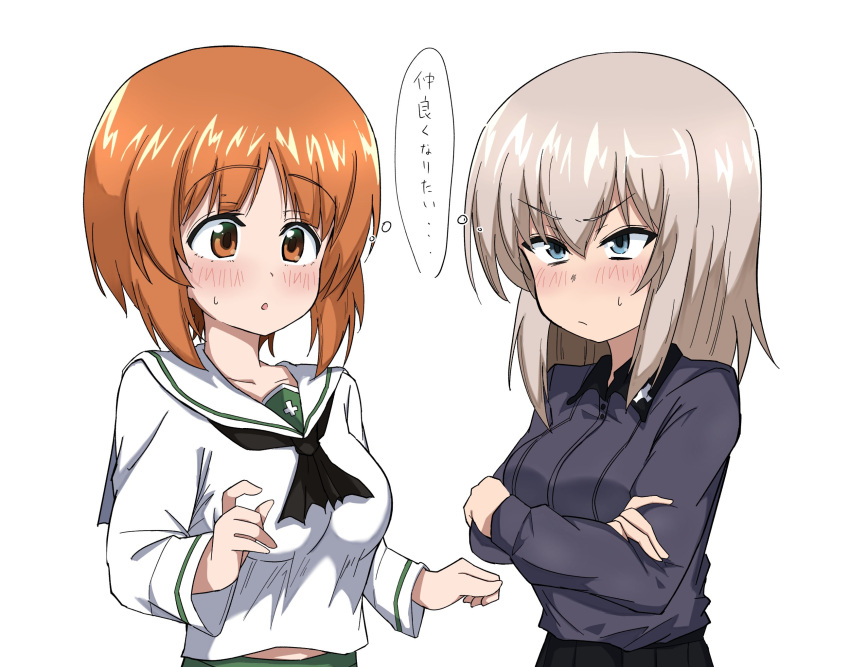 2girls, black_scarf, blue_eyes, breasts, brown_eyes, brown_hair, chaarai, collarbone
