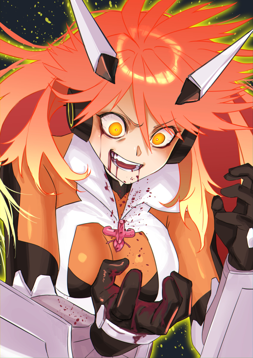 1girl, amou_kanade, armor, blood, blood_from_eyes, blood_from_mouth, bodysuit, breasts, commentary_request, glowing, glowing_eyes, gradient_hair, haishima_xv, headphones, highres, looking_at_hands, multicolored_hair, open_mouth, orange_eyes, redhead, senki_zesshou_symphogear, simple_background, solo, symphogear_pendant, teeth, v-shaped_eyebrows