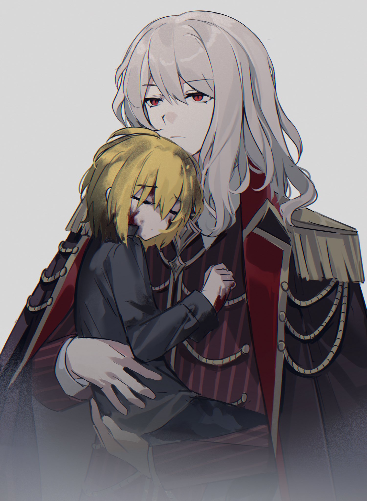 1boy, 1girl, black_coat, blonde_hair, blood, blood_on_face, blood_on_hands, carrying