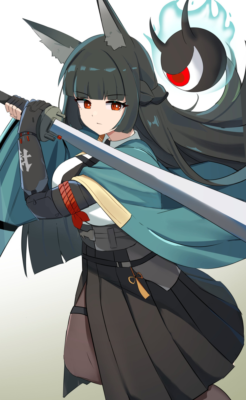 1girl, absurdres, animal_ears, black_gloves, black_hair, black_necktie, black_pantyhose, black_skirt