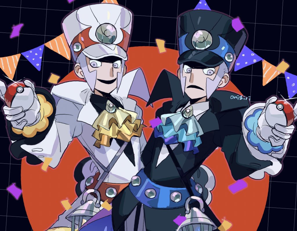 2boys, ascot, black_gloves, black_hat, blue_ascot, brothers, emmet_(pokemon), emmet_(sygna_suit)_(pokemon)