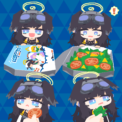 !, 1girl, :<, animal_ears, black_hair, blue_archive, blue_background, blue_eyes, disembodied_hand, dog_ears, dog_girl, eyewear_on_head, food, goggles, goggles_on_head, halo, hibiki_(blue_archive), jupiter1390, long_hair, looking_at_food, microsoft_paint_(medium), pizza_box, smile, spoken_exclamation_mark, surprised, tomato, tomato_slice, vegetable, wavy_mouth, yellow_halo