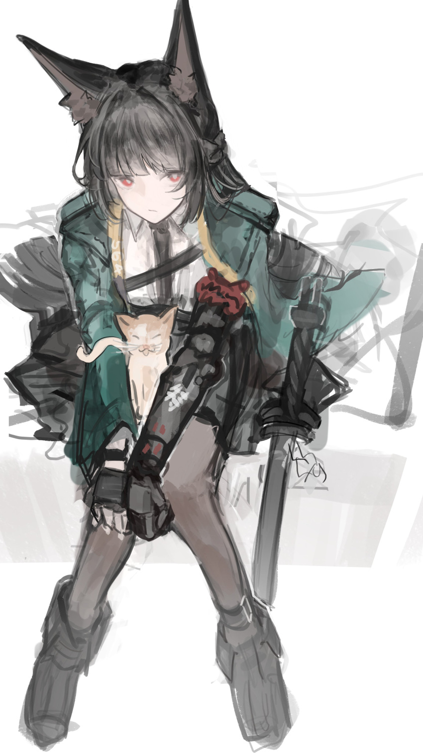 1girl, absurdres, animal_ear_fluff, animal_ears, black_footwear, black_gloves, black_hair, black_necktie
