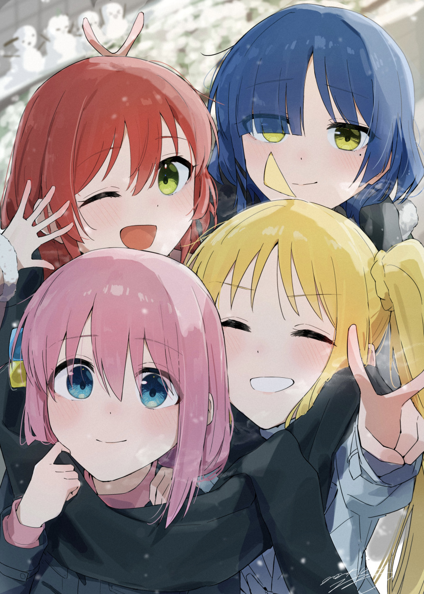 4girls, absurdres, ahoge, black_scarf, blonde_hair, blue_eyes, blue_hair, blurry