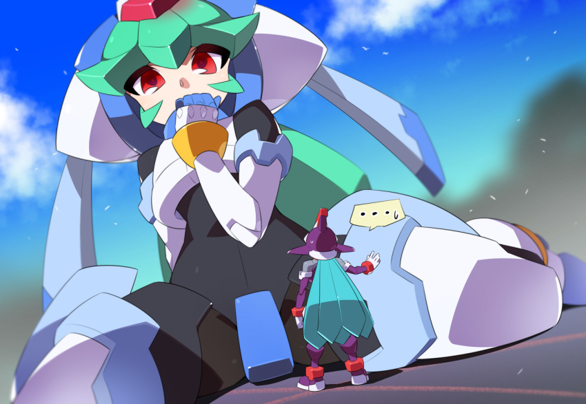 1boy, 1girl, armor, blue_hair, brother_and_sister, commission, crotch_plate, giant