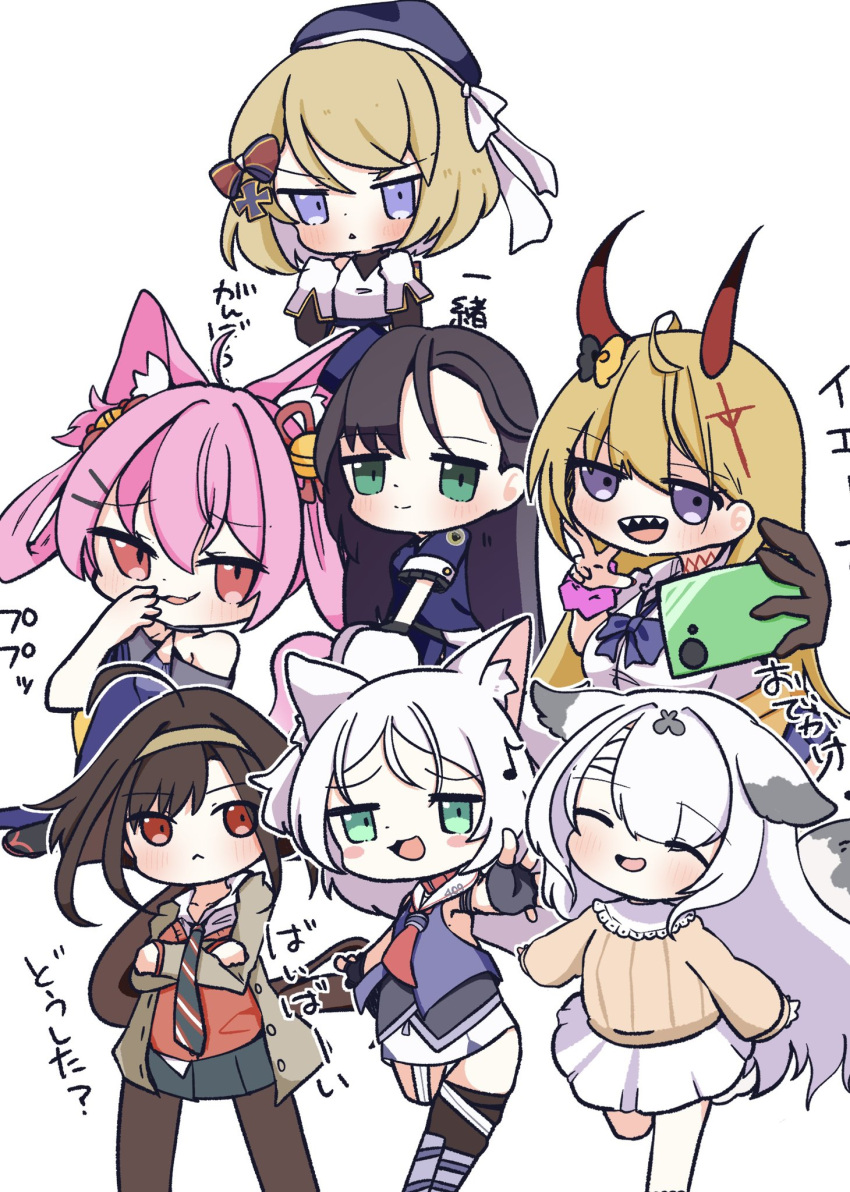 6+girls, :<, animal_ear_fluff, animal_ears, arizona_(azur_lane), azur_lane, bell, beret, black_pantyhose, blonde_hair, blue_hat, cat_ears, cellphone, chibi, chibi_only, comiket_104, crossed_arms, fingerless_gloves, fox_ears, fox_girl, gloves, gyaru, hair_bell, hair_ornament, hat, hatsushimo_(azur_lane), highres, holding, holding_phone, horns, independence_(azur_lane), independence_(transfer_student_from_afar)_(azur_lane), jingle_bell, kumano_(azur_lane), light_blush, miyuki_(azur_lane), miyuki_(clear_skies_and_crepes)_(azur_lane), multiple_girls, musical_note, official_alternate_costume, oppogatoreta, pantyhose, phone, pink_hair, red_eyes, red_horns, school_uniform, selfie, simple_background, sims_(azur_lane), skirt, smartphone, smile, white_background, white_skirt, z23_(azur_lane)