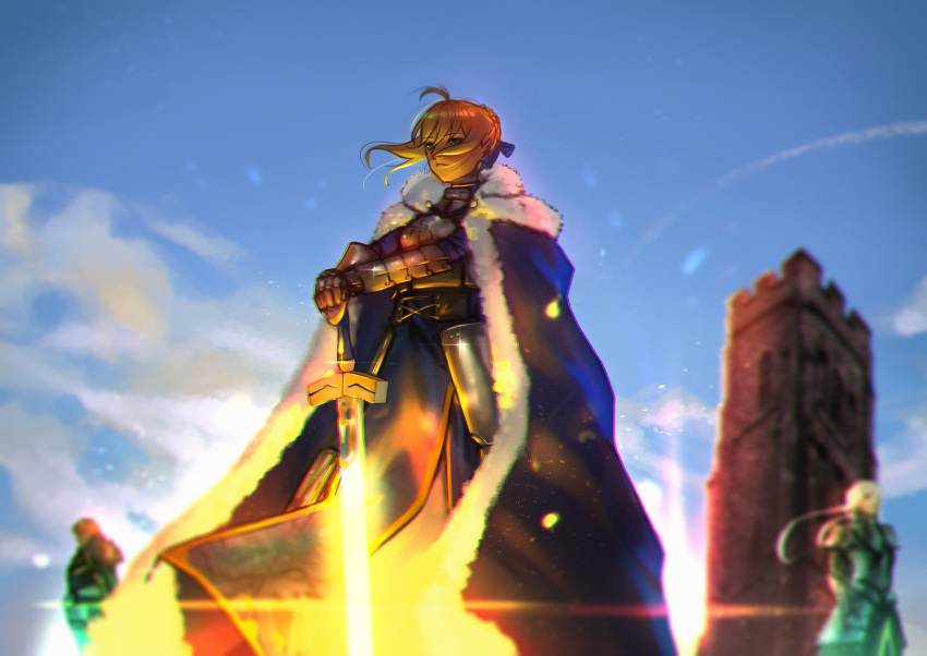 armor, artoria_pendragon_(fate), blonde_hair, excalibur_(fate/stay_night), fate/grand_order, fate_(series), green_eyes, highres