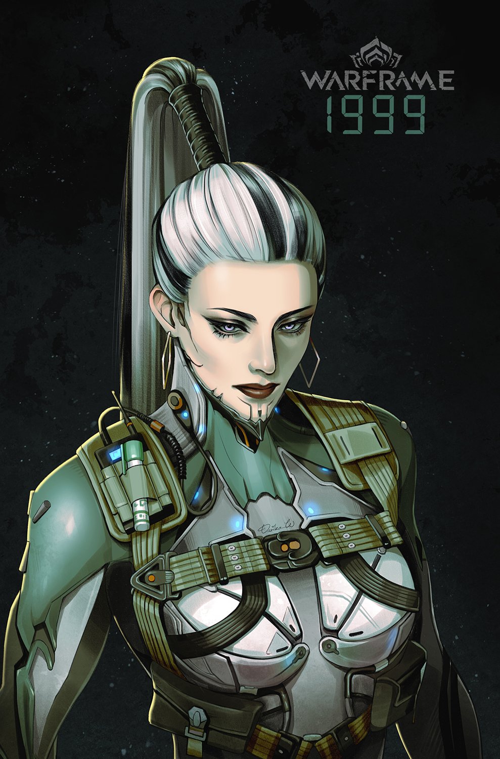 1girl, black_hair, breasts, chest_harness, darikaart, earrings, eleanor_nightingale_(warframe), expressionless