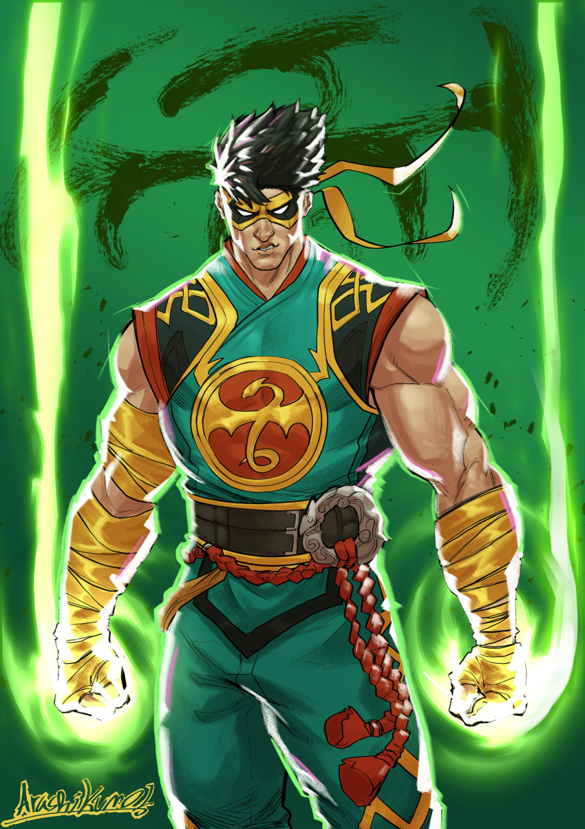 1boy, absurdres, arashikumo1, arm_wrap, bare_shoulders, belt, belt_buckle, black_hair, brown_belt, buckle, clenched_hands, commentary, emblem, energy, english_commentary, green_pants, highres, iron_fist_(marvel), looking_at_viewer, male_focus, marvel, marvel_rivals, multicolored_clothes, multiple_belts, muscular, muscular_male, no_pupils, o-ring, o-ring_belt, pants, parted_lips, red_rope, rope, rope_belt, short_hair, signature, sleeveless, sneer, solo, standing, white_eyes, yellow_mask