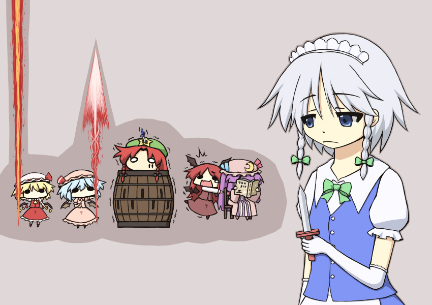 barrel, bat_wings, blonde_hair, blue_eyes, blue_hair, book, chair, chibi