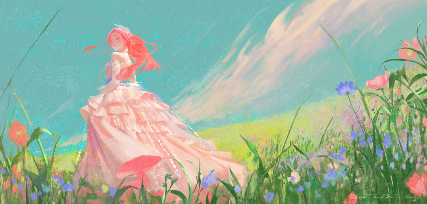 1girl, absurdres, bare_shoulders, blue_flower, blue_sky, chinese_commentary, closed_eyes, closed_mouth