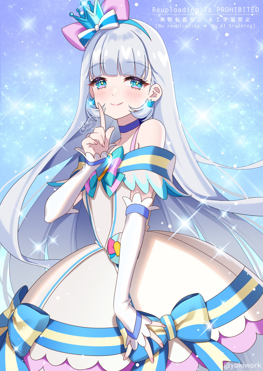 1girl, absurdres, aqua_bow, aqua_bowtie, aqua_hairband, artist_logo, blue_bow, blue_bowtie