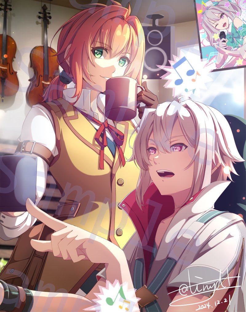 2boys, ahoge, antenna_hair, beamed_eighth_notes, commission, cup, dated, double-parted_bangs, eighth_note, eiyuu_densetsu, elliot_craig, green_eyes, hair_between_eyes, holding, holding_cup, indoors, instrument, kai_no_kiseki, kuro_no_kiseki_(series), light_rays, livestream, long_hair, multiple_boys, musical_note, ponytail, quatre_salision, sample_watermark, sidelocks, signature, skeb_commission, smile, speaker, star_(symbol), sunbeam, sunlight, tinybiard, twitter_username, violet_eyes, violin, watermark, white_hair