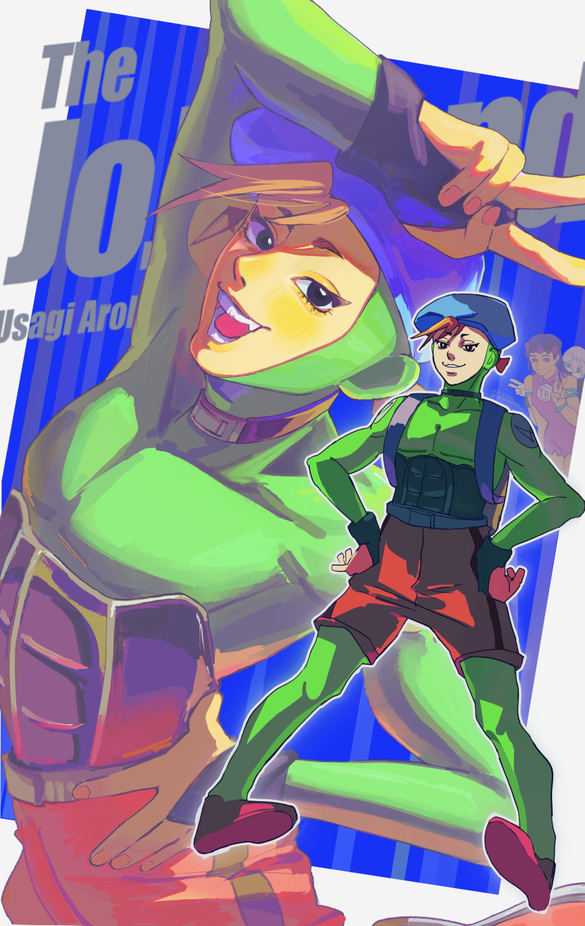 absurdres, black_eyes, bodysuit, bridal_gauntlets, dragona_joestar, green_bodysuit, grin, hands_on_own_hips