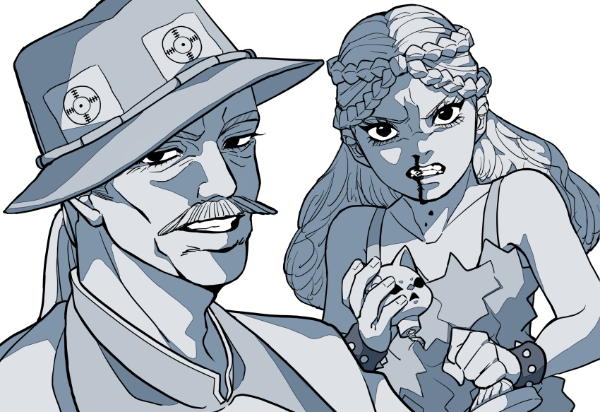 1boy, 1girl, absurdres, blood, bobby_jean, bracelet, braid, broken_toy