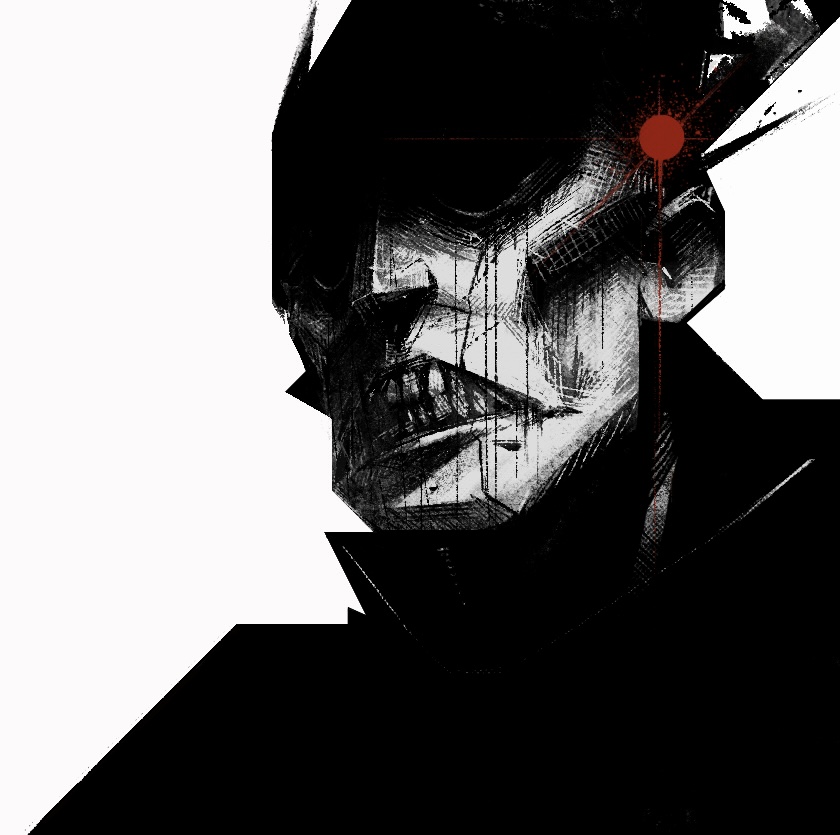 1boy, black_shirt, clenched_teeth, dark, greyscale, horror_(theme), male_focus, monochrome, original, portrait, shirt, simple_background, solo, spot_color, teeth, white_background, xkl3001